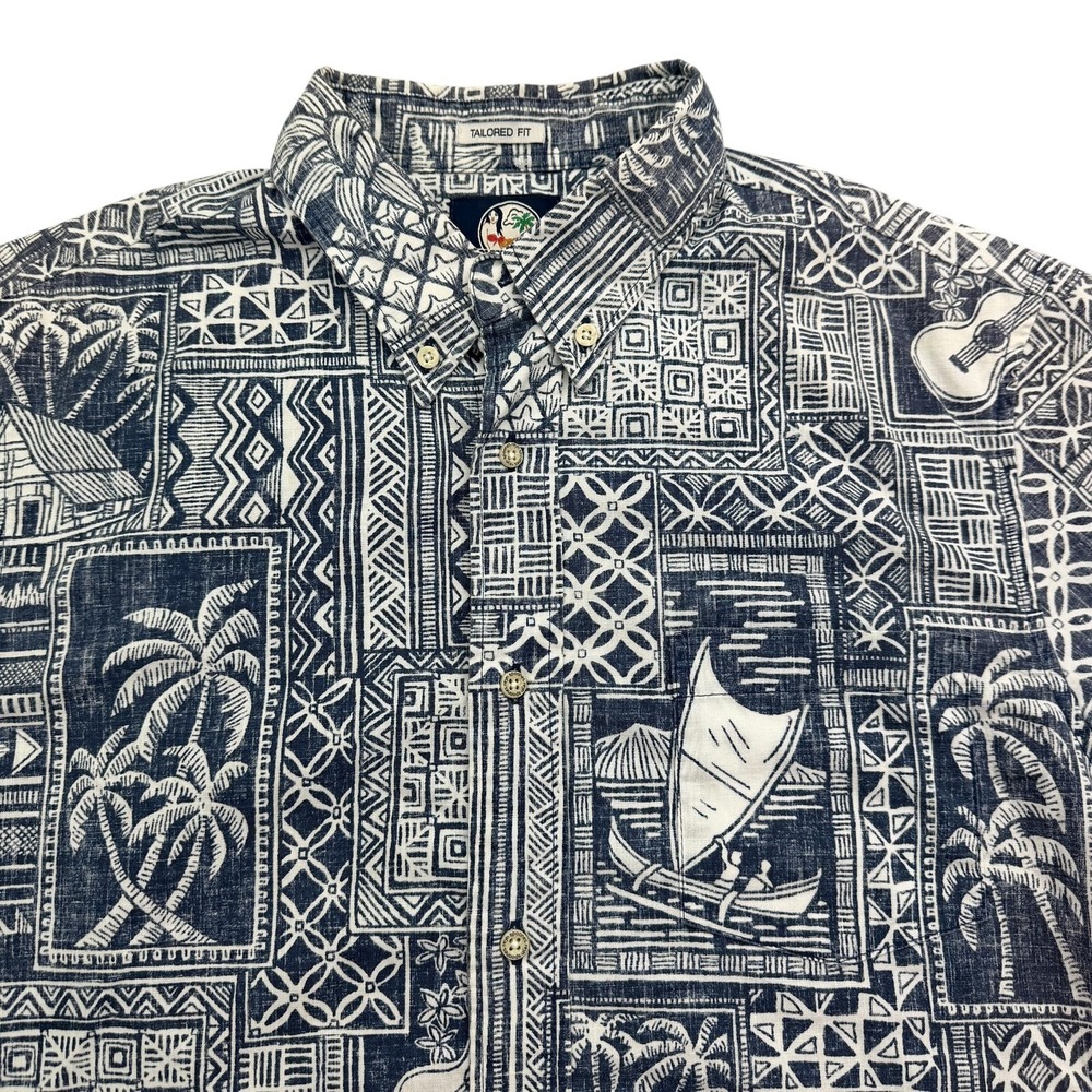 Reyn Spooner Shirt Mens M Blue Short Sleeve Button Up Tailored Fit Graphic Print